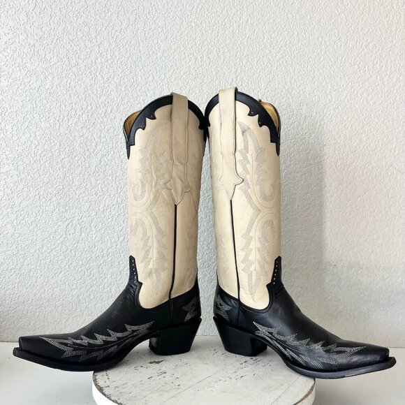 Rod Patrick Womens Cowboy Boots 8C Black Ivory Western Cowgirl Tall Pointed Toe - Picture 7 of 14